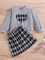 Long Sleeve Round Neck Geometric Toddler Girl Two-piece Outfits 6242