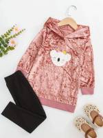 Casual Long Sleeve Regular Fit Hooded Toddler Girl Two-piece Outfits 1153