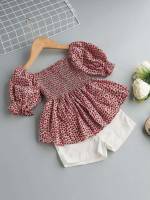 Multicolor Short Sleeve Square Neck Toddler Girl Two-piece Outfits 539