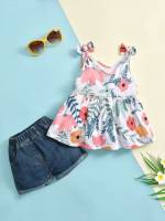 Ruffle Hem Sleeveless Floral Spaghetti Strap Toddler Girl Two-piece Outfits 508