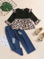 Regular Fit Multicolor Leopard Toddler Girl Two-piece Outfits 3630