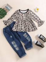 Leopard Ruffle Long Sleeve Round Neck Toddler Girls Clothing 4006