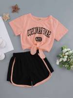 Multicolor Short Sleeve Letter Toddler Girls Clothing 9904