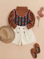 Regular Fit Long Sleeve Double Button Toddler Girl Two-piece Outfits 7977