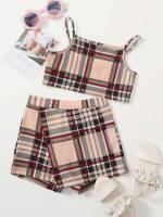 Spaghetti Strap Multicolor Plaid Sleeveless Toddler Girl Two-piece Outfits 6689