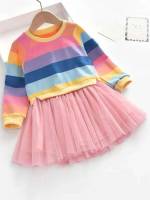 Contrast Mesh Rainbow Stripe Casual Kids Clothing 98