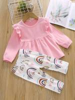 Round Neck Regular Fit Casual Multicolor Toddler Girl Two-piece Outfits 3321