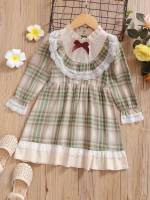 Multicolor Short Long Sleeve Tartan Toddler Girl Dresses 3796