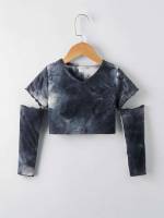 Tie Dye V neck Cut Out Long Sleeve Toddler Girls Clothing 2201