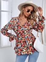 Long Sleeve Multicolor V neck Floral Maternity Blouses 6128