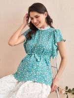 Short Sleeve Multicolor Stand Collar Maternity Blouses 7516