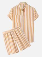  Multicolor Short Sleeve Striped Men Co-ords 124