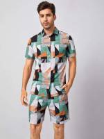  Geometric Multicolor Short Sleeve Men Two-piece Outfits 412