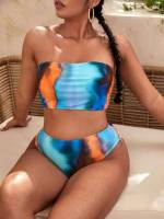 Multicolor Bandeau All Over Print Plus Size Beachwear 613