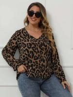  Regular Leopard V neck Plus Size Blouses 7003