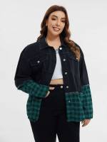 Plaid Pocket Multicolor Plus Size Denim Jackets 7092