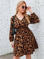 All Over Print Long Sleeve Regular Fit Multicolor Plus Size Dresses 3247