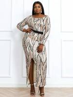 Long Sleeve Slim Fit Graphic Boat Neck Plus Size Dresses 1563