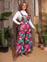 Button Casual All Over Print Long Plus Size Jumpsuits 6317