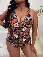  Multicolor Floral Plunge Neck Plus Size Beachwear 54