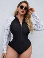 Marble High Neck Zipper Plus Size Beachwear 6550