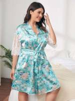 Floral Half Sleeve Multicolor Plus Size Robes  Robe Sets 9617