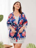  Three Quarter Length Sleeve Belted Women Plus Sleep  Lounge 227