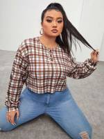 Multicolor Tartan Button Front Plus Size T-shirts 7293