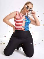 Cut Out Flag Multicolor Crop Plus Size Tops 7262