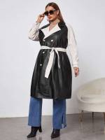 Colorblock Knee Length Multicolor Plus Size Outerwears 2596