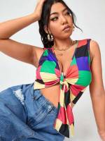 Deep V Neck Colorblock Knot Crop Plus Size Women Tops 710