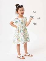 Square Neck Knee Length Short Sleeve Toddler Girl Dresses 333