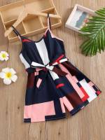 Regular Fit Belted Colorblock Spaghetti Strap Toddler Girl Jumpsuits 19