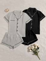 Lapel Multicolor Short Sleeve Women Sleepwear 1260