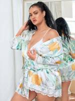 Plants Belted Elegant Plus Size Robes  Robe Sets 1103