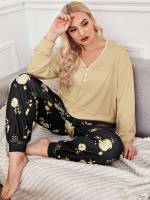 Long Sleeve Button Multicolor Women Plus Sleep  Lounge 7787