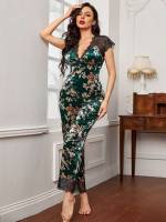  Contrast Lace Cap Sleeve Floral Women Sleepwear 7498