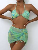 Drawstring Halter All Over Print Multicolor Women Beachwear 5664