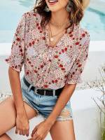 Frill Ditsy Floral Boho V neck Women Tops, Blouses  Tee 6130