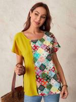 Scoop Neck Short Sleeve Multicolor Women Blouses 1573