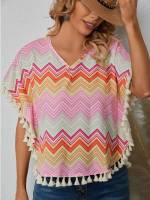 Fringe Regular Short Sleeve Chevron Women Clothing 8104