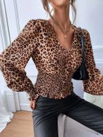 Shirred Multicolor Leopard Long Sleeve Women Tops, Blouses  Tee 9939