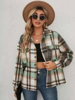 Pocket Tartan Collar Long Sleeve Women Tops, Blouses  Tee 789