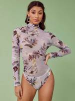 Floral Multicolor Skinny Long Sleeve Women Bodysuits 651