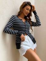 Casual Striped Round Neck Women Knitwear 9919