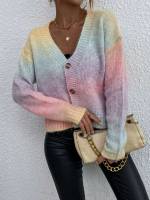 Button Front Multicolor V neck Ombre Women Knitwear 1553