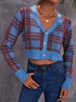 Regular Fit Plaid Button Front Crop Women Knitwear 7838