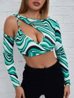  All Over Print Asymmetrical Neck Cut Out Women Tops 1743