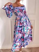 Square Neck All Over Print Multicolor Long Women Dresses 900