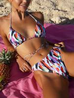 Halter Graphic Lace Up Multicolor Women Beachwear 9334